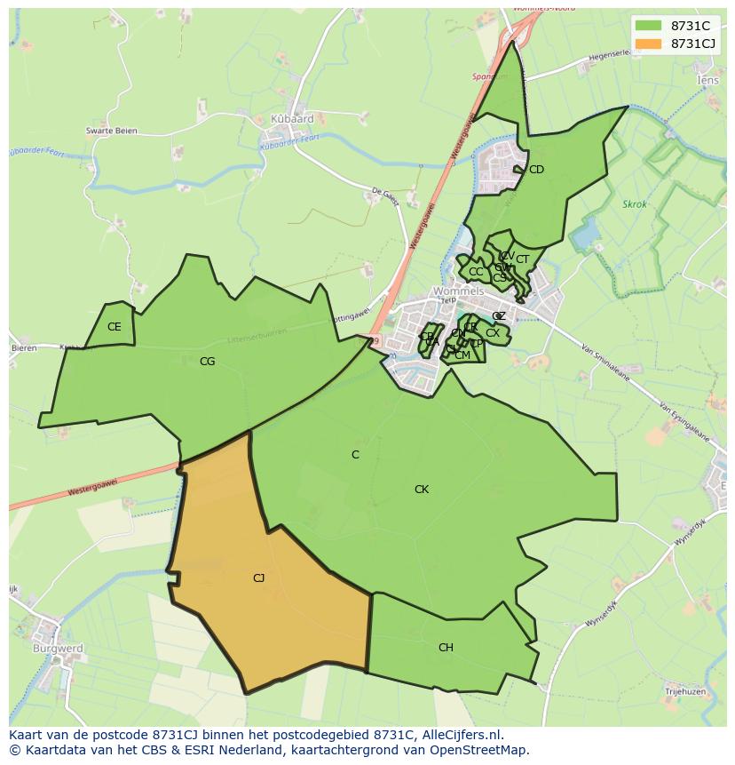 Afbeelding van het postcodegebied 8731 CJ op de kaart.
