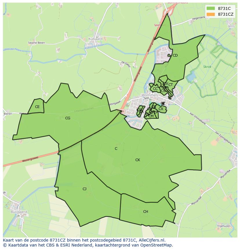 Afbeelding van het postcodegebied 8731 CZ op de kaart.