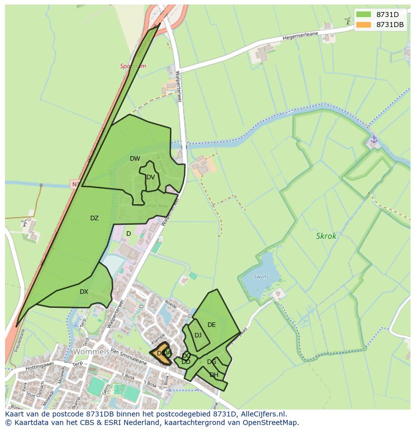 Afbeelding van het postcodegebied 8731 DB op de kaart.