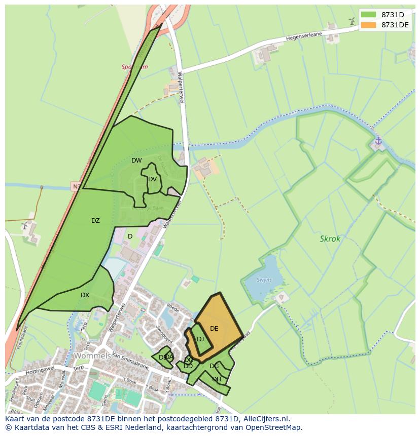 Afbeelding van het postcodegebied 8731 DE op de kaart.