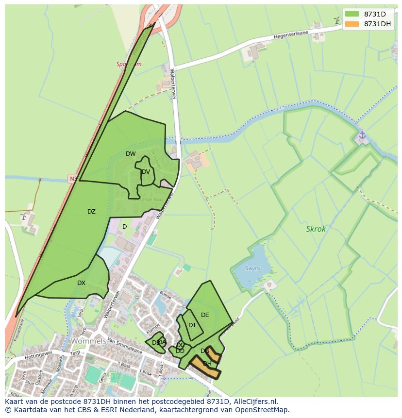 Afbeelding van het postcodegebied 8731 DH op de kaart.