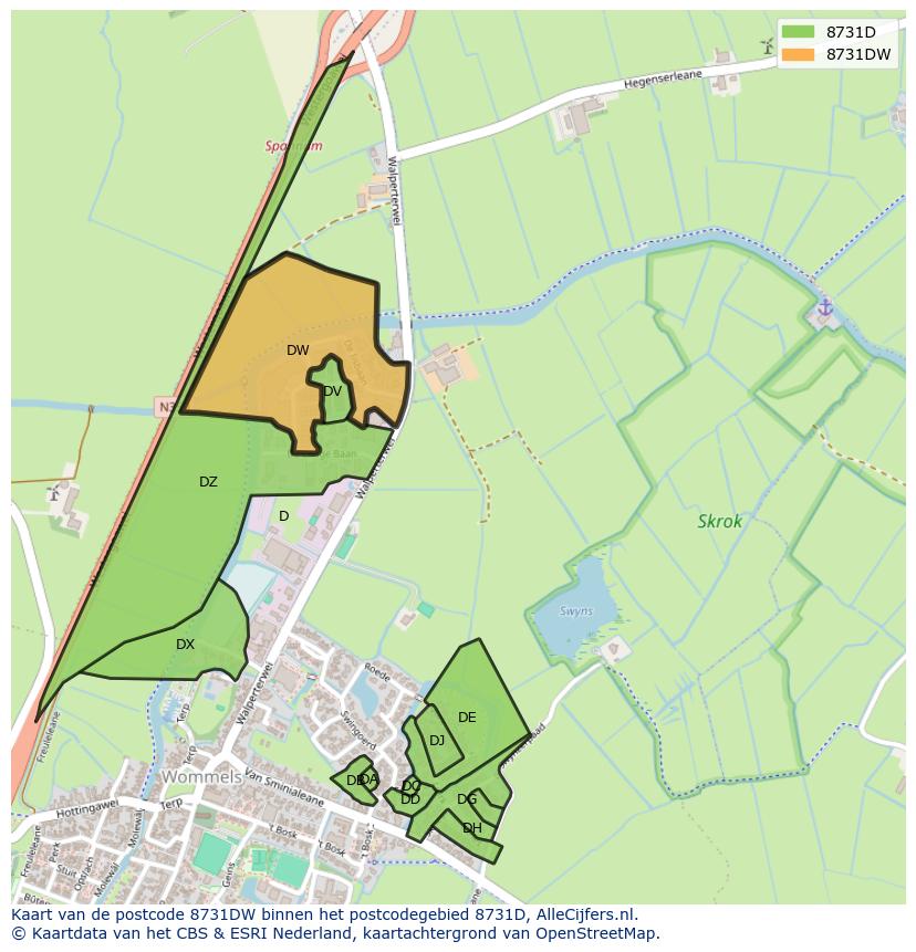 Afbeelding van het postcodegebied 8731 DW op de kaart.