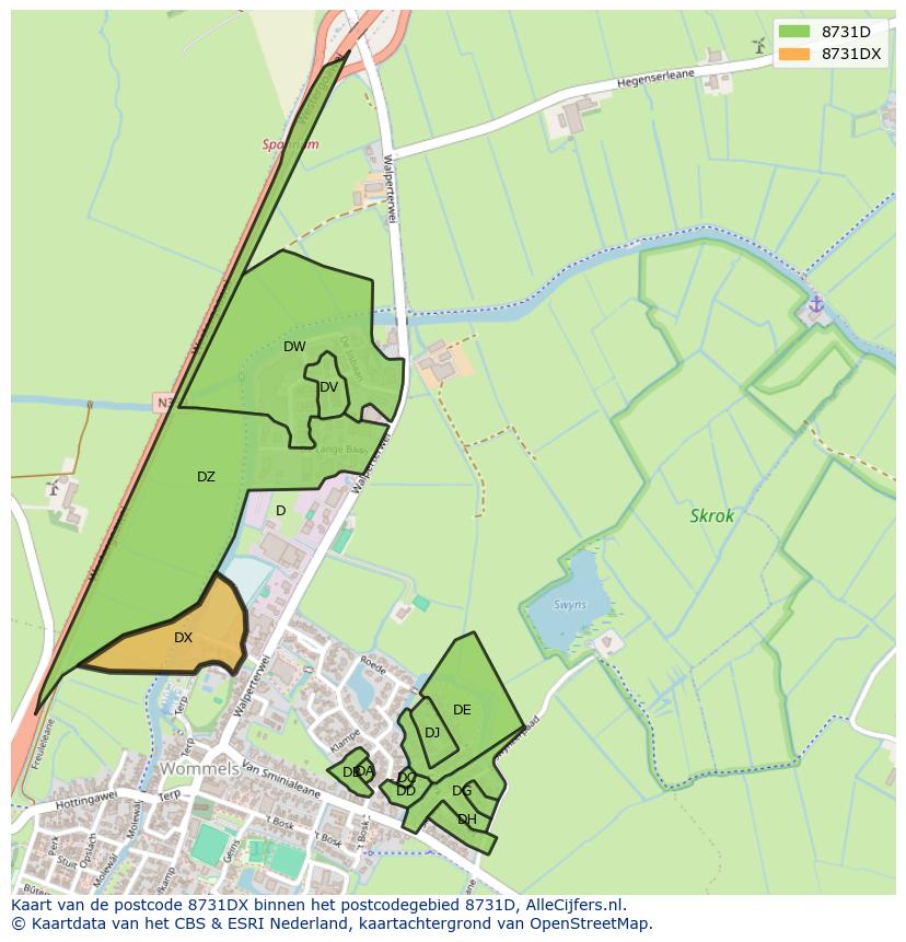 Afbeelding van het postcodegebied 8731 DX op de kaart.