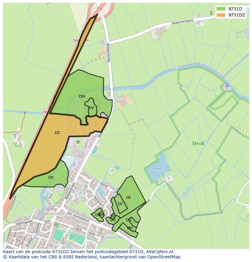Afbeelding van het postcodegebied 8731 DZ op de kaart.