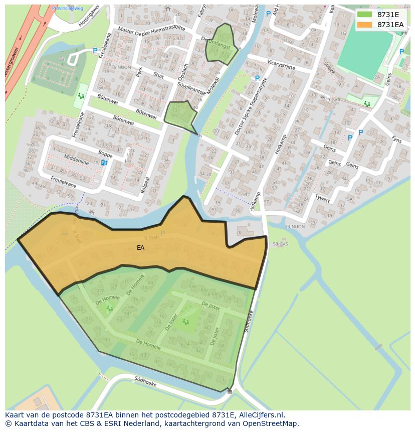 Afbeelding van het postcodegebied 8731 EA op de kaart.