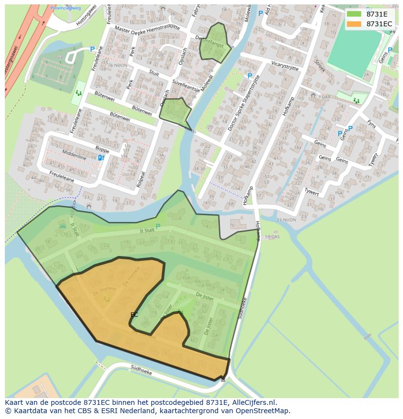 Afbeelding van het postcodegebied 8731 EC op de kaart.