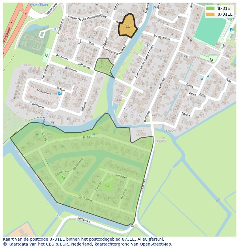 Afbeelding van het postcodegebied 8731 EE op de kaart.