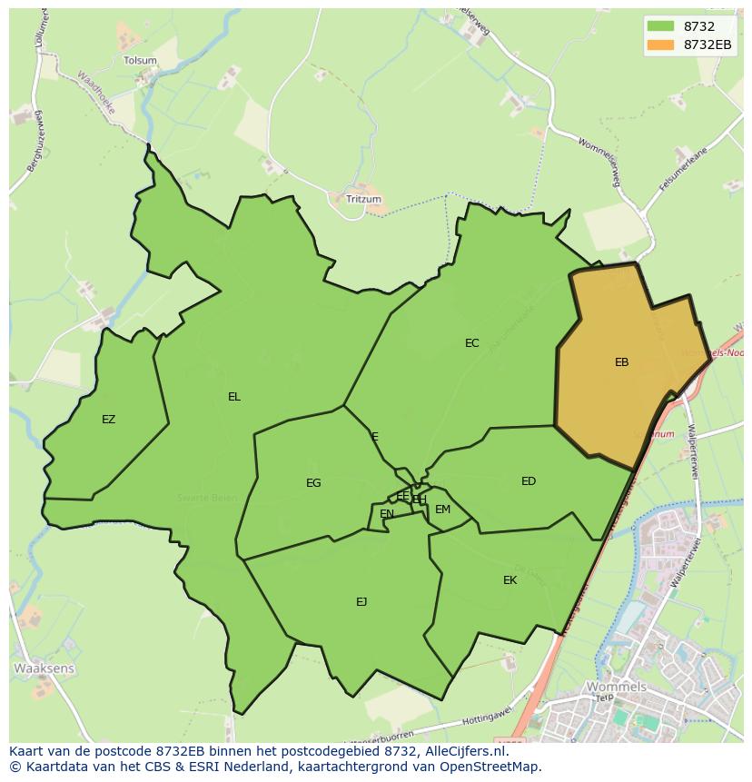 Afbeelding van het postcodegebied 8732 EB op de kaart.