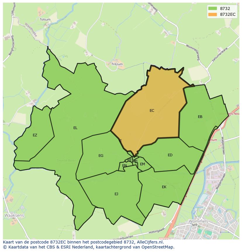 Afbeelding van het postcodegebied 8732 EC op de kaart.