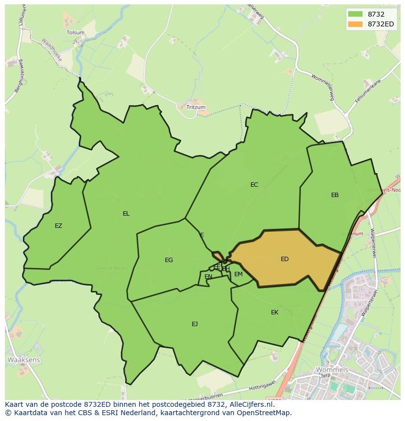 Afbeelding van het postcodegebied 8732 ED op de kaart.