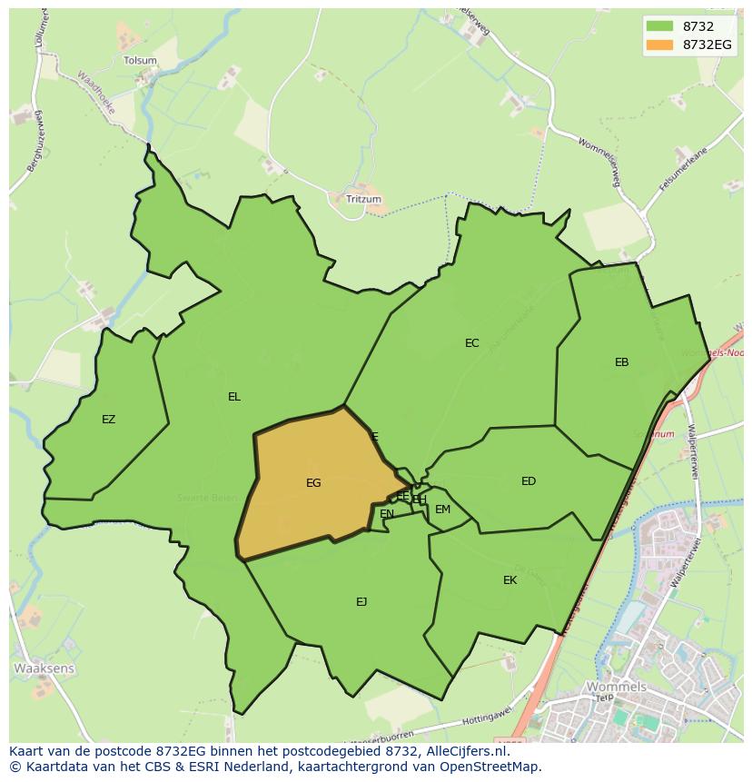 Afbeelding van het postcodegebied 8732 EG op de kaart.