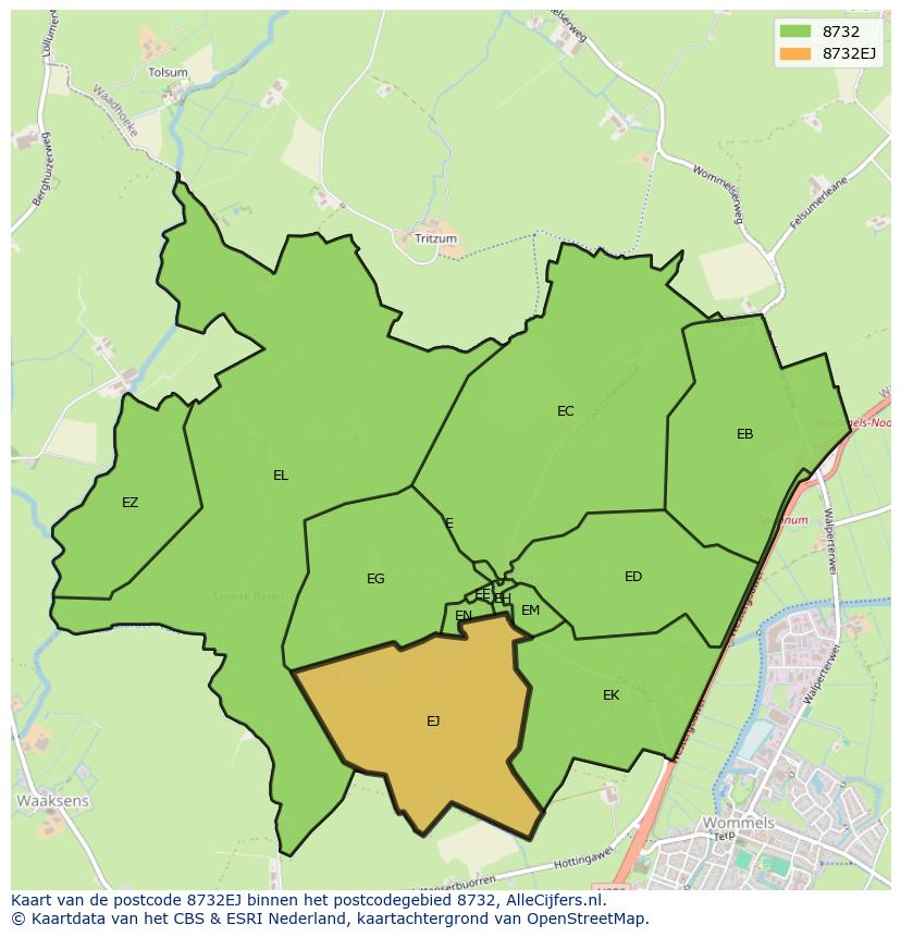 Afbeelding van het postcodegebied 8732 EJ op de kaart.