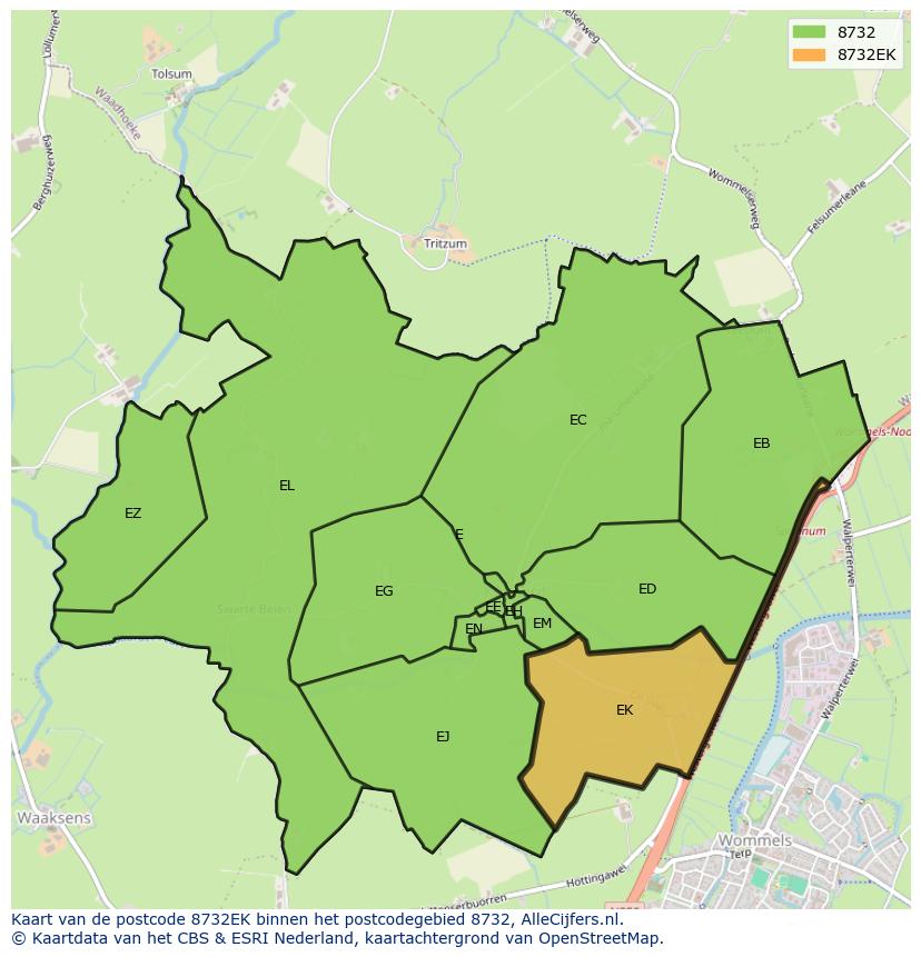 Afbeelding van het postcodegebied 8732 EK op de kaart.