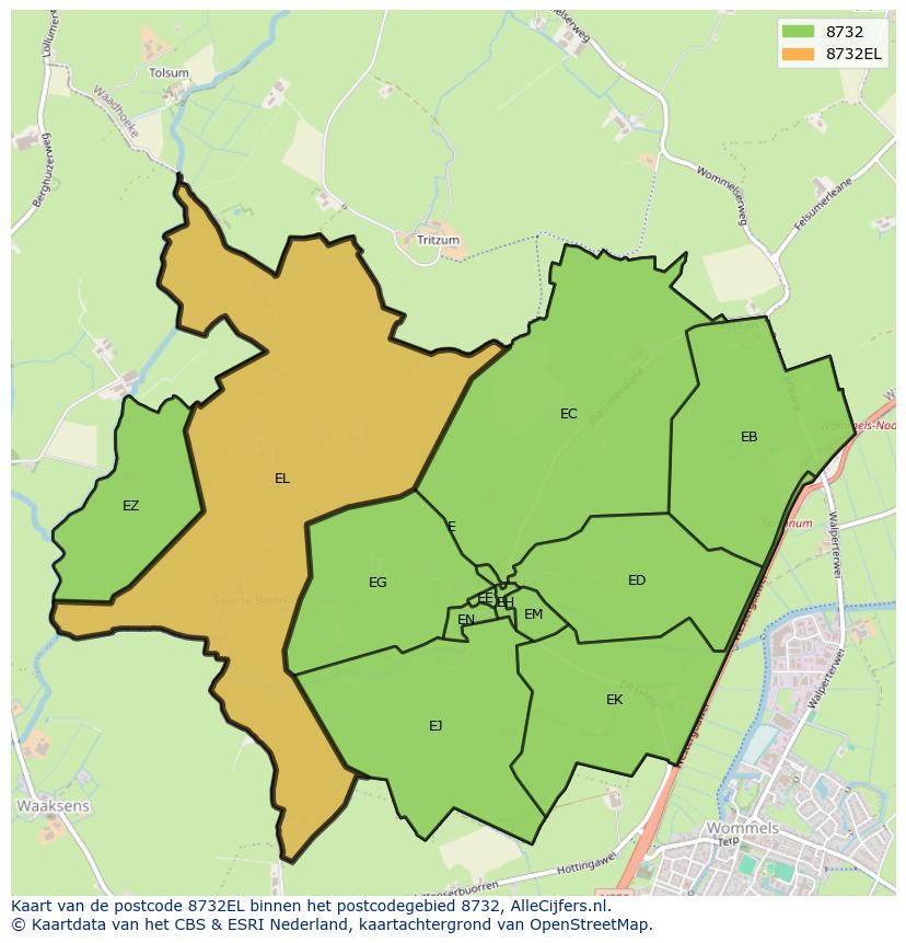 Afbeelding van het postcodegebied 8732 EL op de kaart.