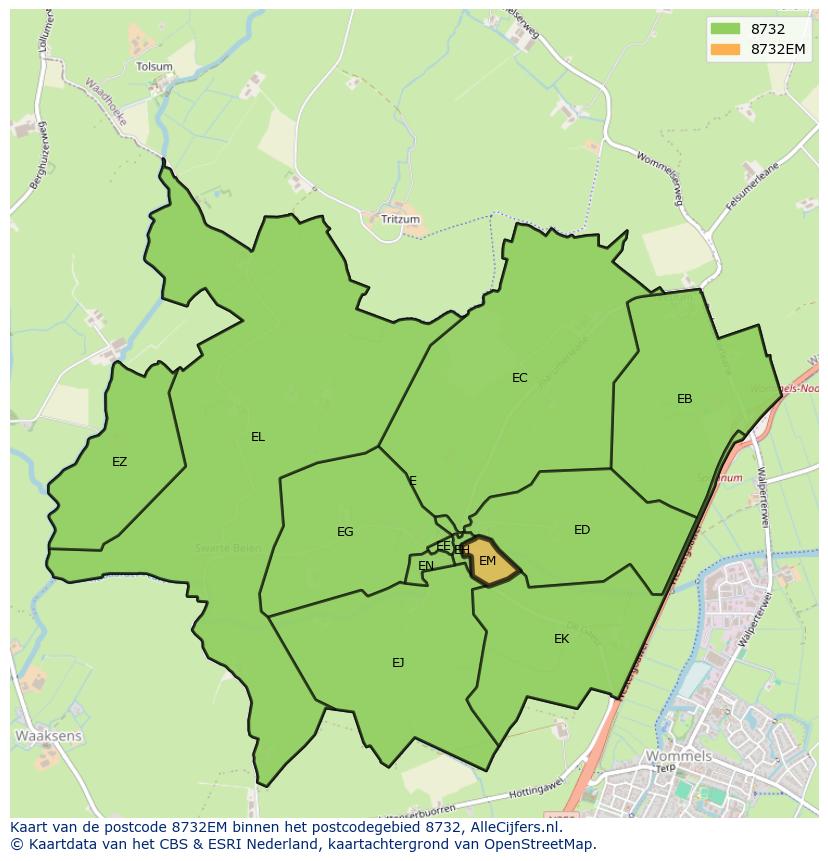 Afbeelding van het postcodegebied 8732 EM op de kaart.