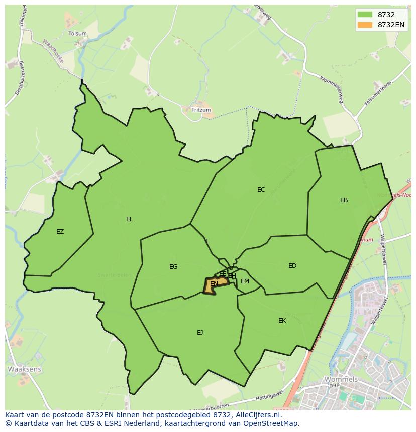 Afbeelding van het postcodegebied 8732 EN op de kaart.