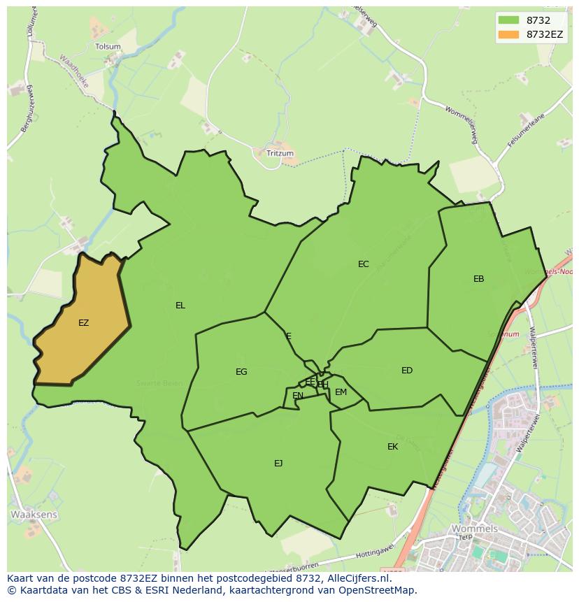 Afbeelding van het postcodegebied 8732 EZ op de kaart.