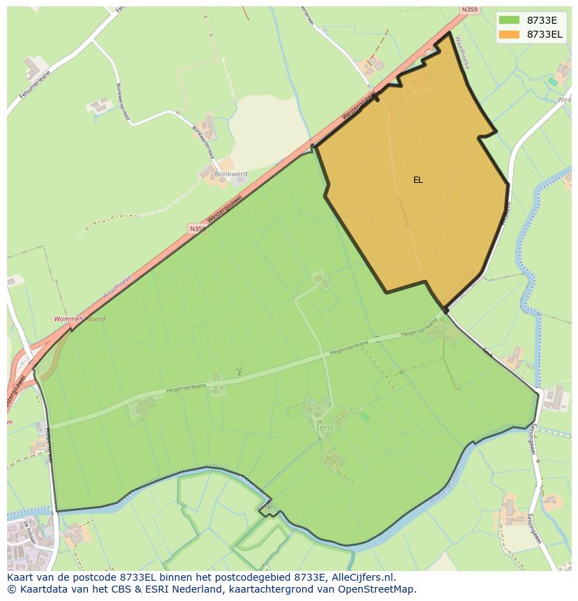 Afbeelding van het postcodegebied 8733 EL op de kaart.