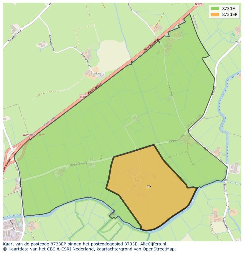 Afbeelding van het postcodegebied 8733 EP op de kaart.