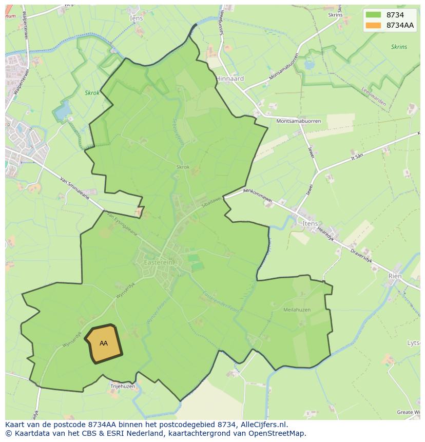 Afbeelding van het postcodegebied 8734 AA op de kaart.