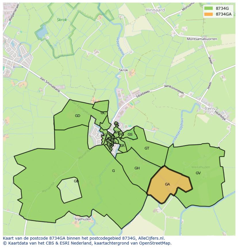 Afbeelding van het postcodegebied 8734 GA op de kaart.