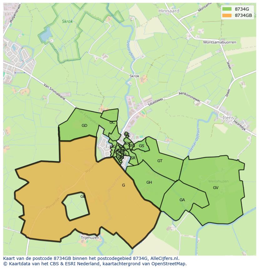 Afbeelding van het postcodegebied 8734 GB op de kaart.