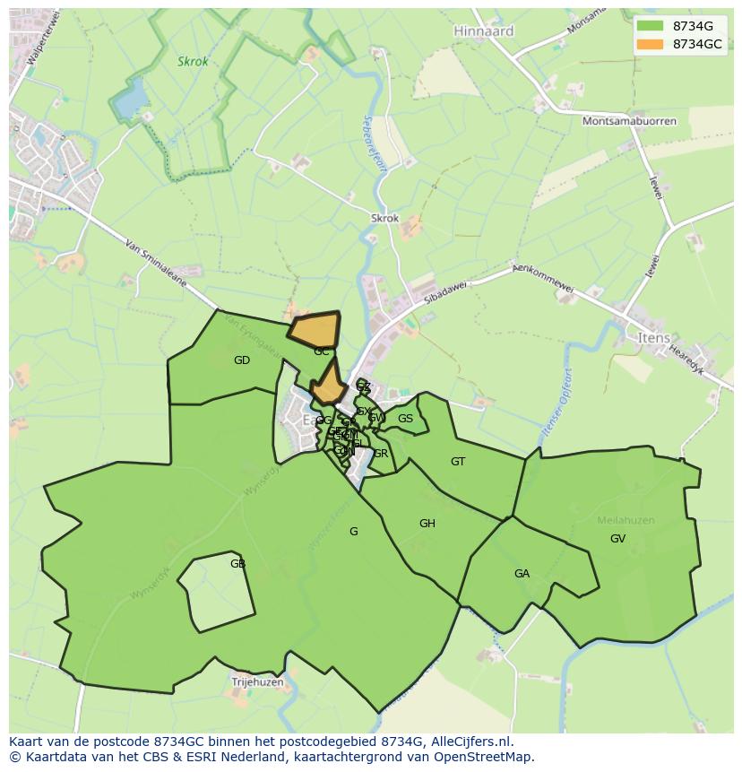 Afbeelding van het postcodegebied 8734 GC op de kaart.