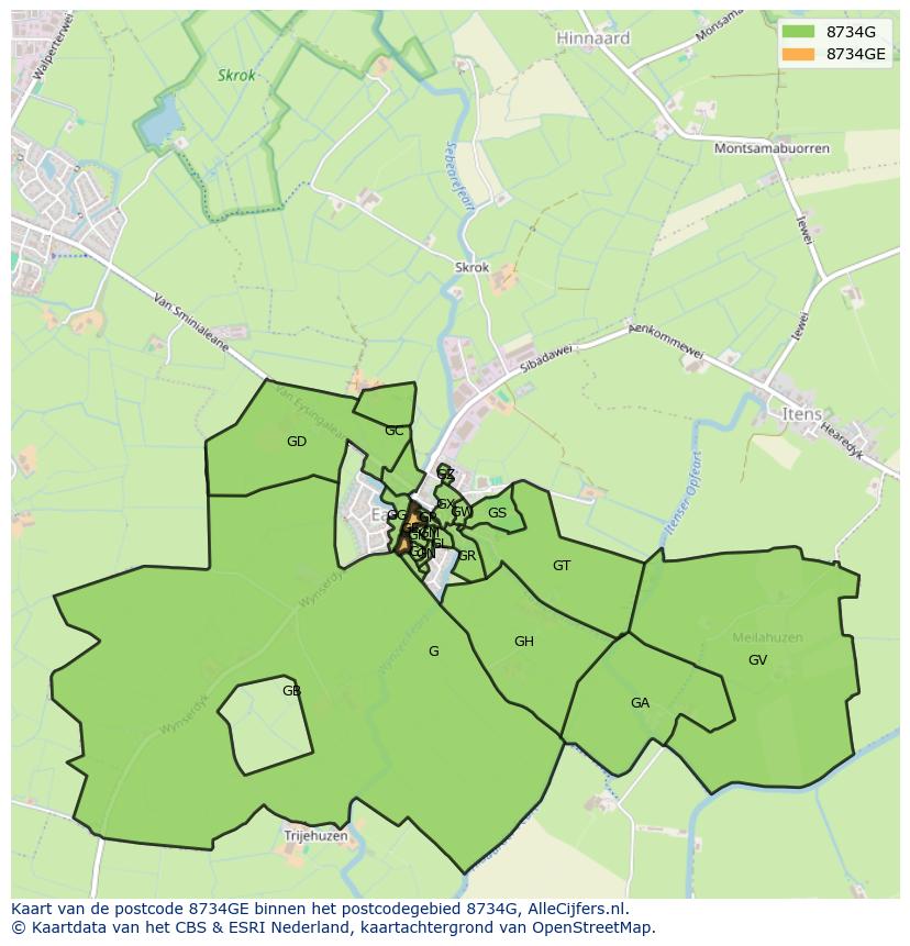 Afbeelding van het postcodegebied 8734 GE op de kaart.