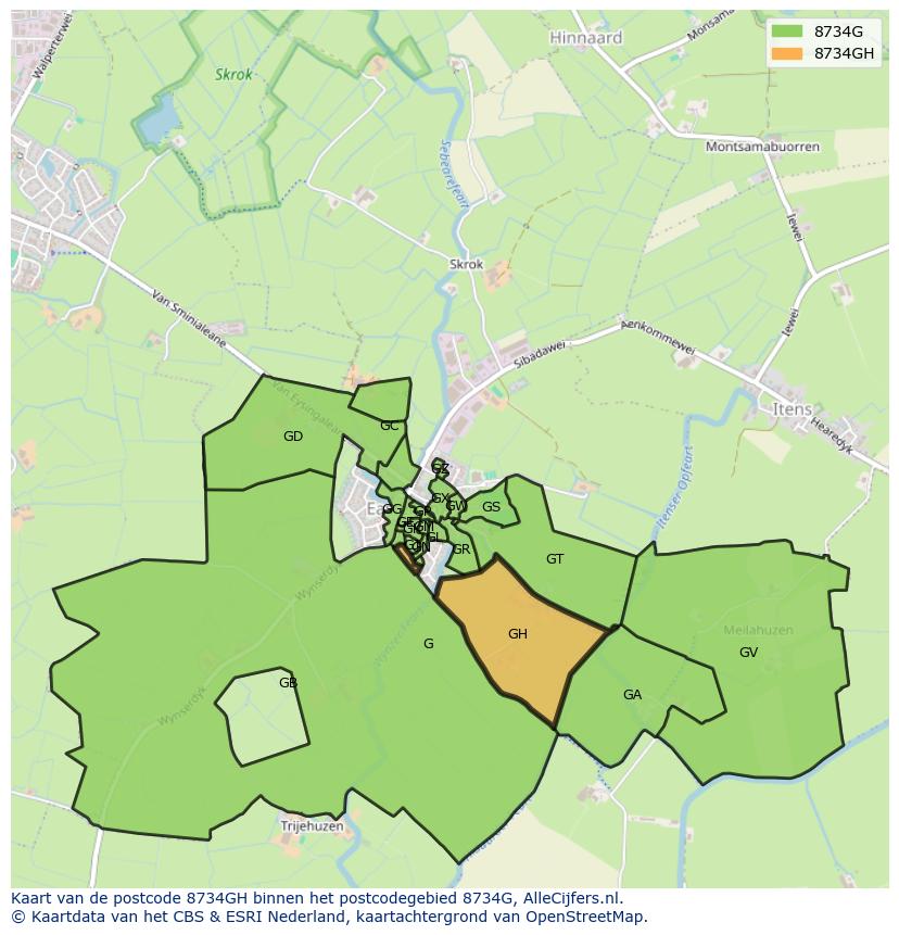 Afbeelding van het postcodegebied 8734 GH op de kaart.