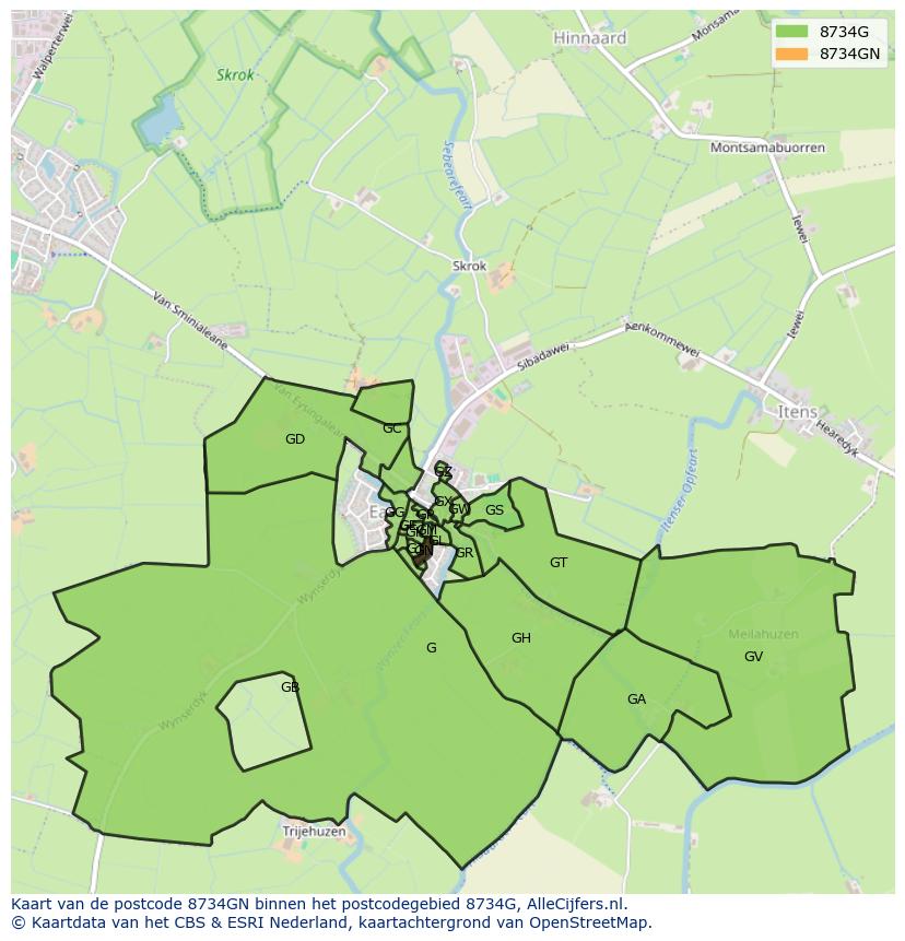 Afbeelding van het postcodegebied 8734 GN op de kaart.