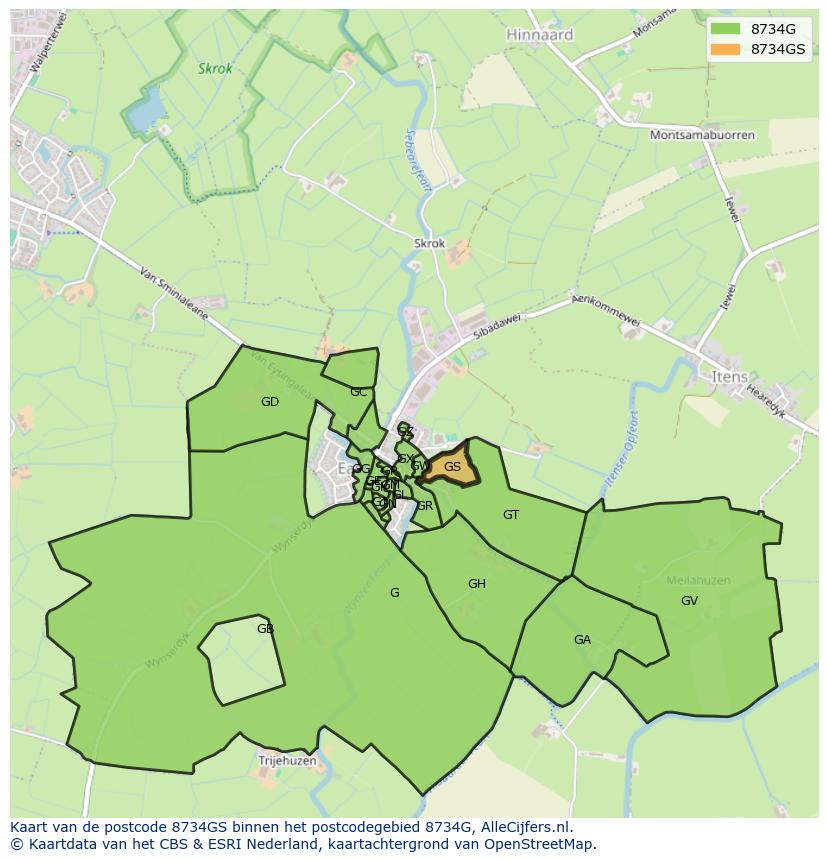 Afbeelding van het postcodegebied 8734 GS op de kaart.