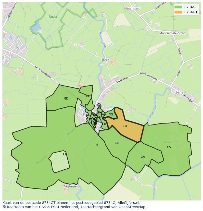 Afbeelding van het postcodegebied 8734 GT op de kaart.