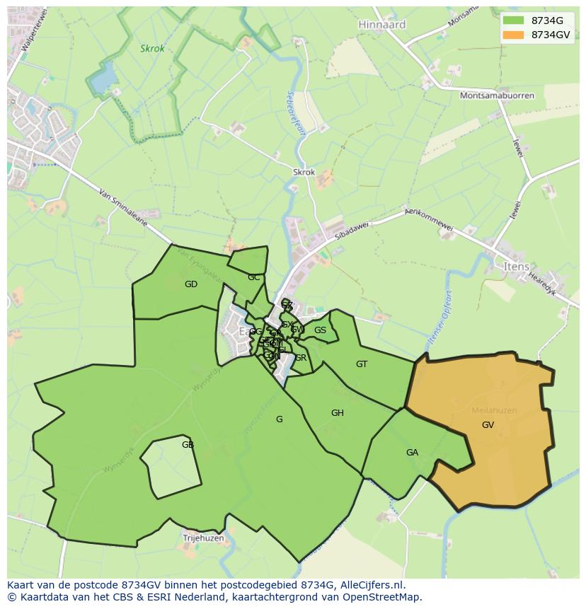Afbeelding van het postcodegebied 8734 GV op de kaart.