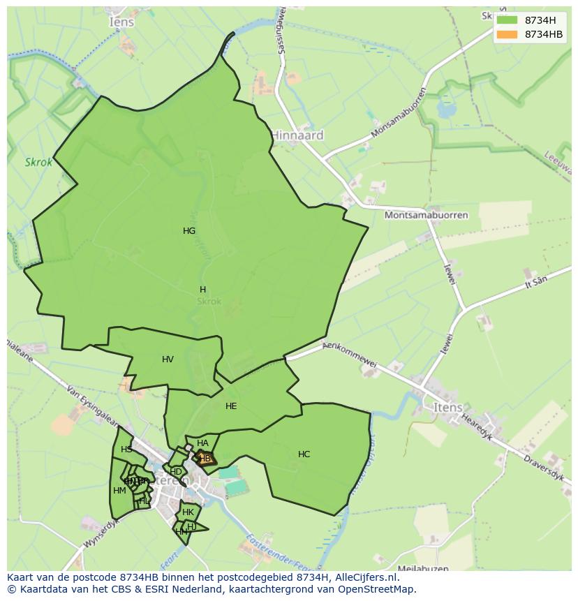 Afbeelding van het postcodegebied 8734 HB op de kaart.