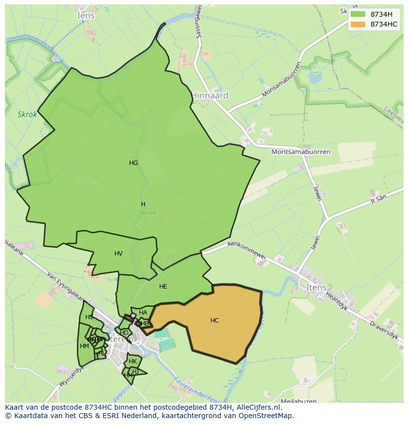 Afbeelding van het postcodegebied 8734 HC op de kaart.