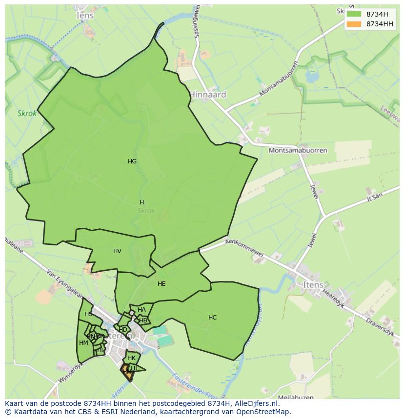Afbeelding van het postcodegebied 8734 HH op de kaart.