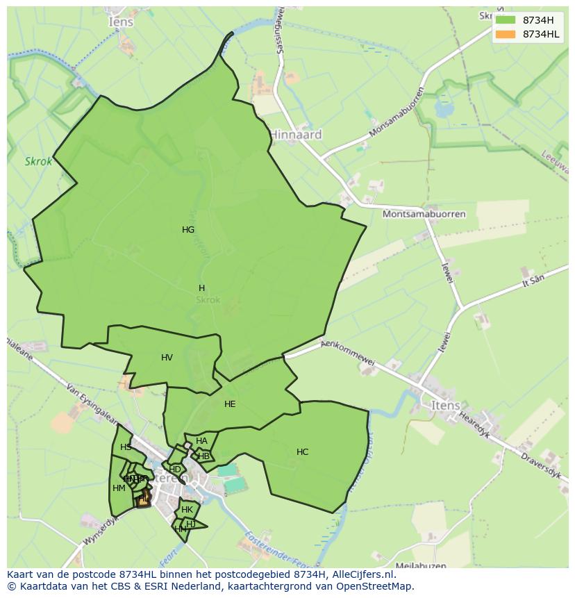 Afbeelding van het postcodegebied 8734 HL op de kaart.