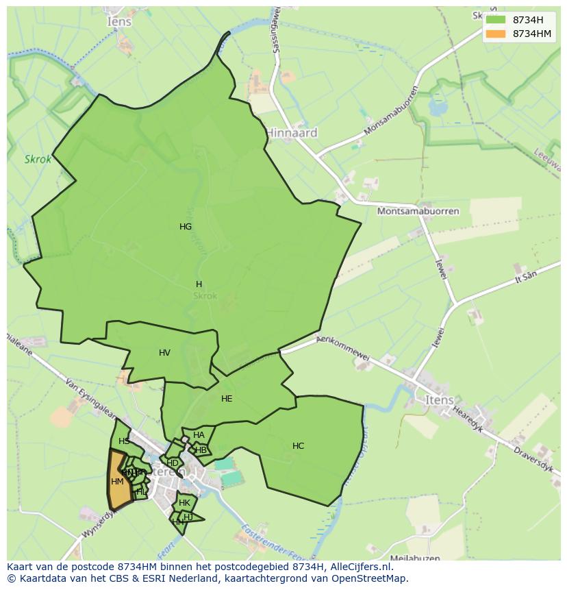 Afbeelding van het postcodegebied 8734 HM op de kaart.