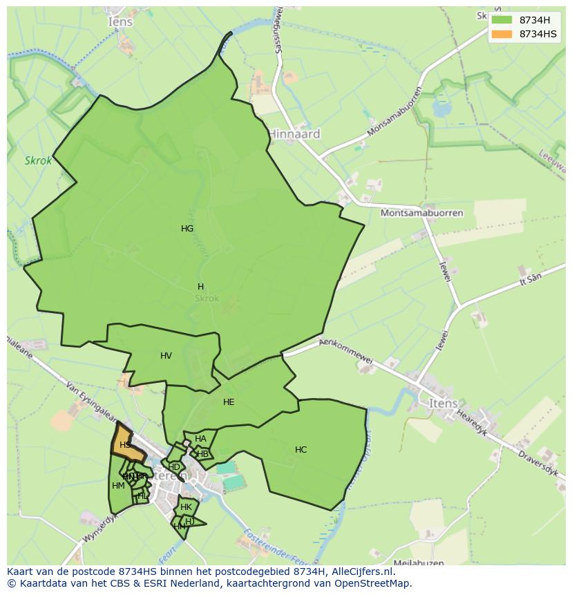 Afbeelding van het postcodegebied 8734 HS op de kaart.