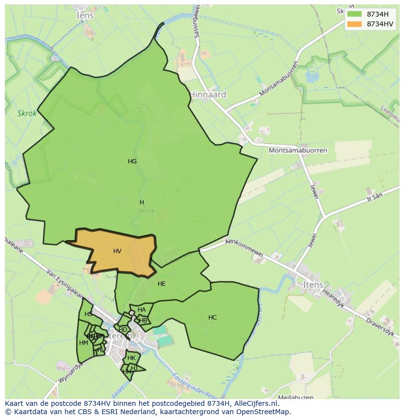 Afbeelding van het postcodegebied 8734 HV op de kaart.
