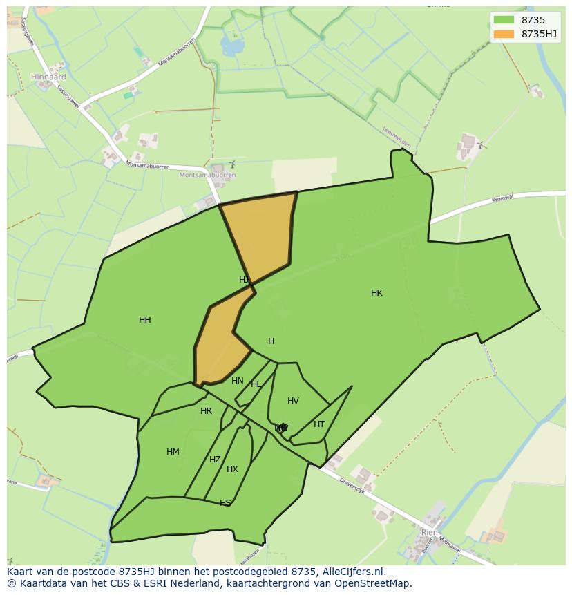 Afbeelding van het postcodegebied 8735 HJ op de kaart.