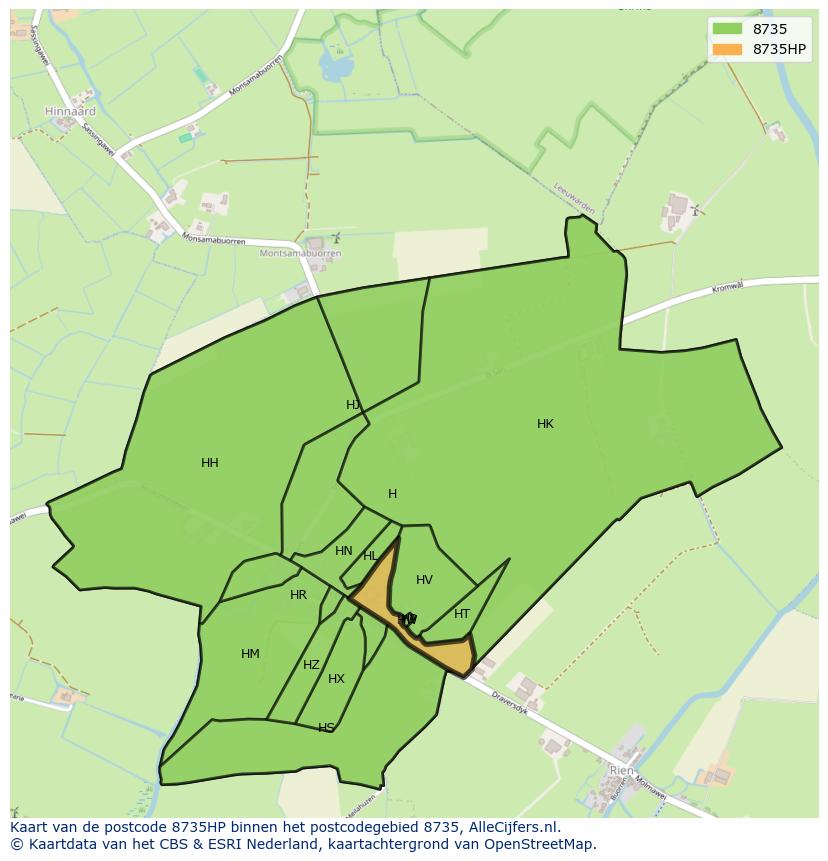 Afbeelding van het postcodegebied 8735 HP op de kaart.
