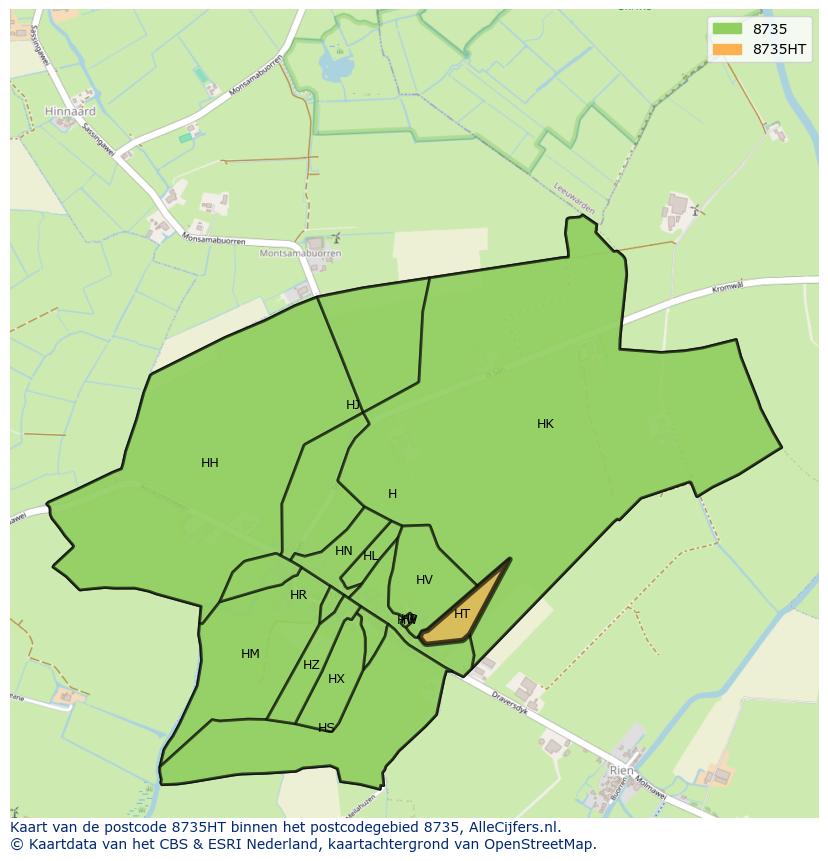 Afbeelding van het postcodegebied 8735 HT op de kaart.