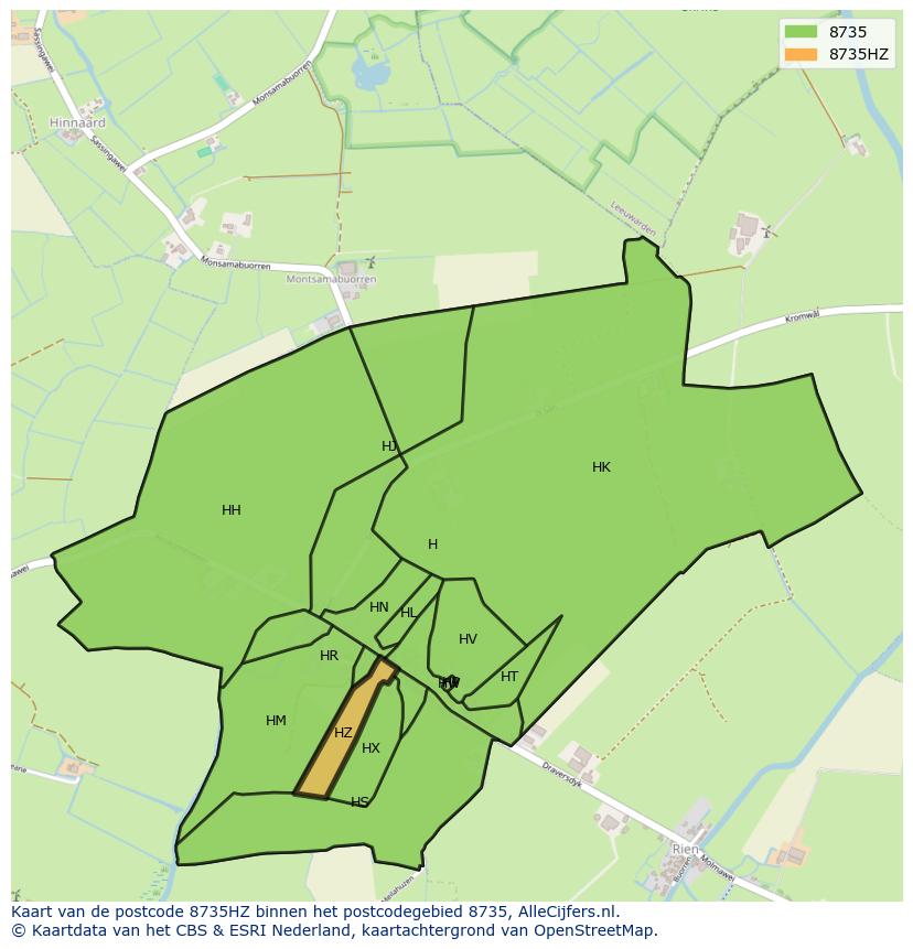Afbeelding van het postcodegebied 8735 HZ op de kaart.