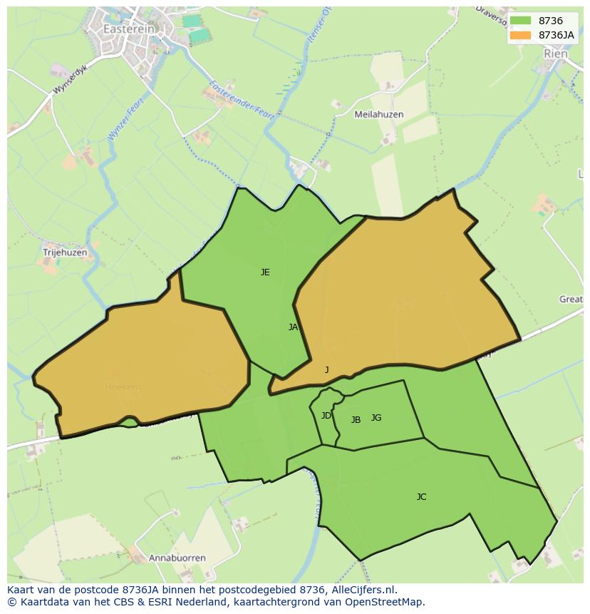 Afbeelding van het postcodegebied 8736 JA op de kaart.