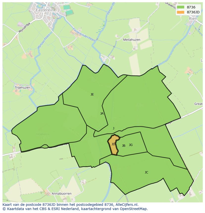 Afbeelding van het postcodegebied 8736 JD op de kaart.