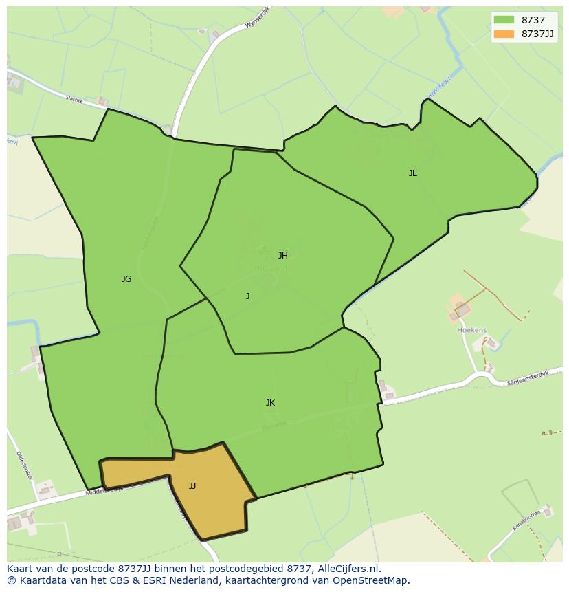Afbeelding van het postcodegebied 8737 JJ op de kaart.