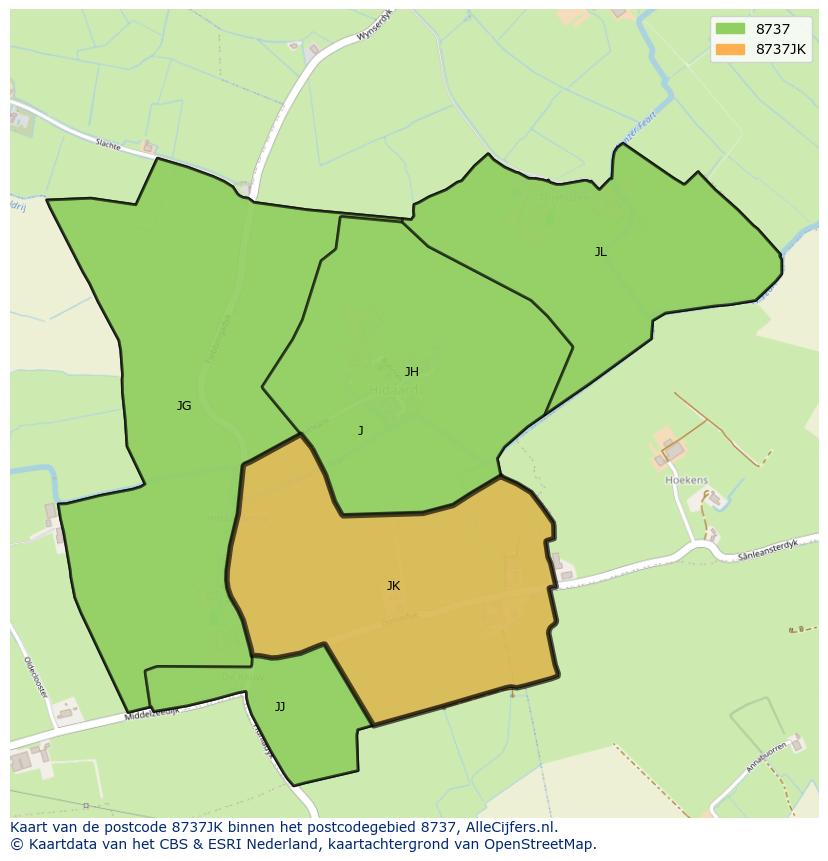 Afbeelding van het postcodegebied 8737 JK op de kaart.
