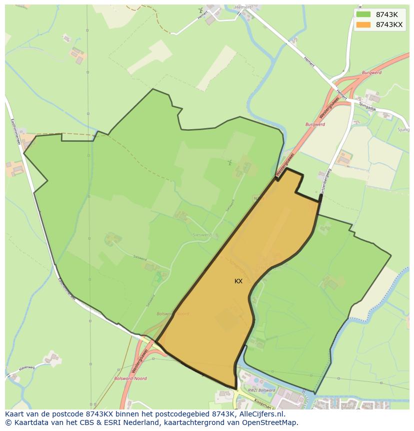 Afbeelding van het postcodegebied 8743 KX op de kaart.
