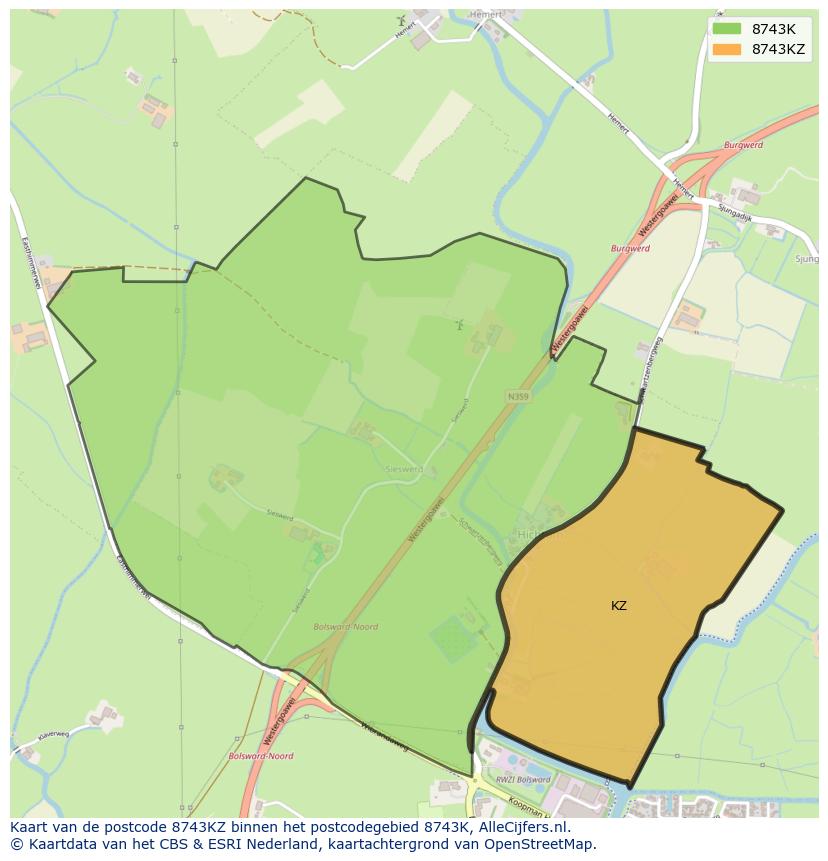 Afbeelding van het postcodegebied 8743 KZ op de kaart.